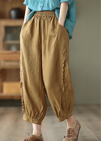 Brown Ruffled Elastic Waist Cozy Crop Pants Ada Fashion