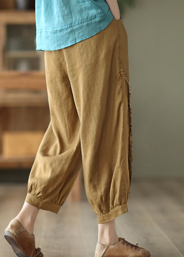 Brown Ruffled Elastic Waist Cozy Crop Pants Ada Fashion