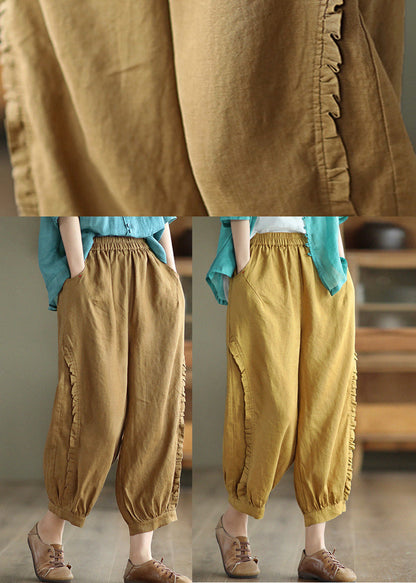 Brown Ruffled Elastic Waist Cozy Crop Pants Ada Fashion