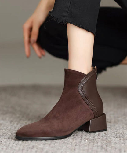 Brown Splicing Elegant Chunky Suede Boots Ada Fashion