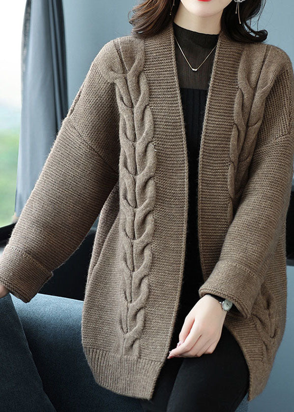 Camel Patchwork Women Thick Wool Cardigans V Neck Fall Ada Fashion