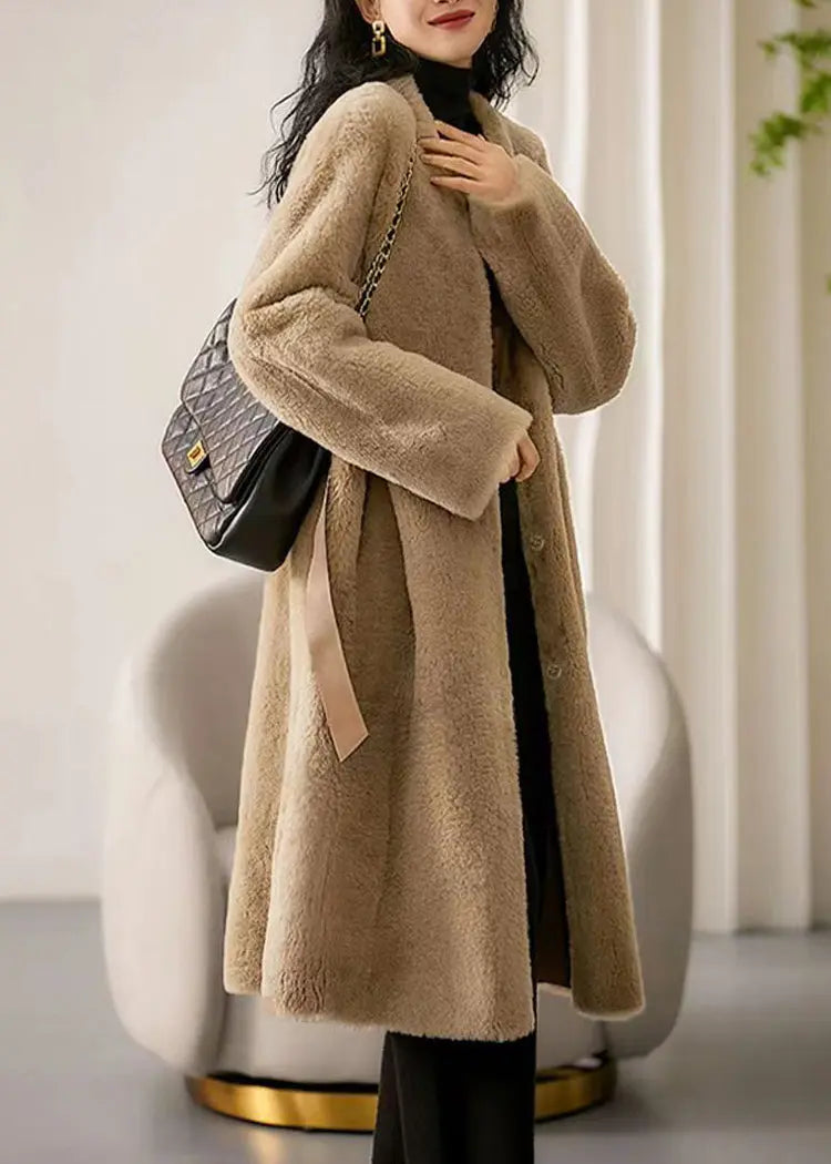 Camel Pockets Patchwork Wool Trench O Neck Button Winter Ada Fashion