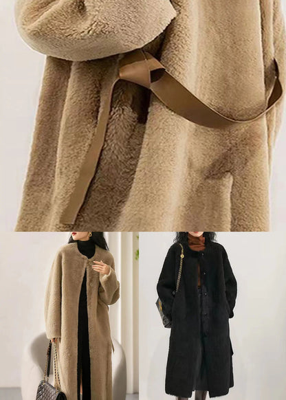 Camel Pockets Patchwork Wool Trench O Neck Button Winter Ada Fashion