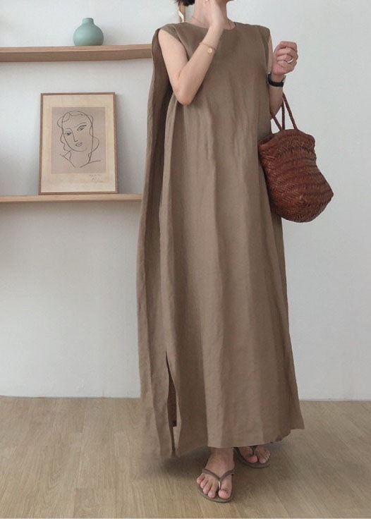 Camel Side Open Cotton Maxi Dresses O Neck Sleeveless LY2141 - fabuloryshop