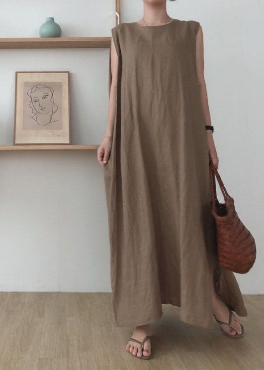 Camel Side Open Cotton Maxi Dresses O Neck Sleeveless LY2141 - fabuloryshop