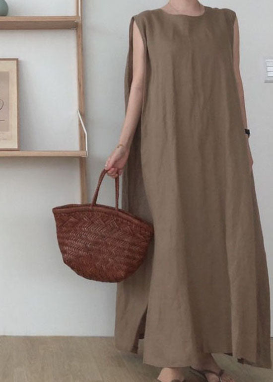 Camel Side Open Cotton Maxi Dresses O Neck Sleeveless LY2141 - fabuloryshop