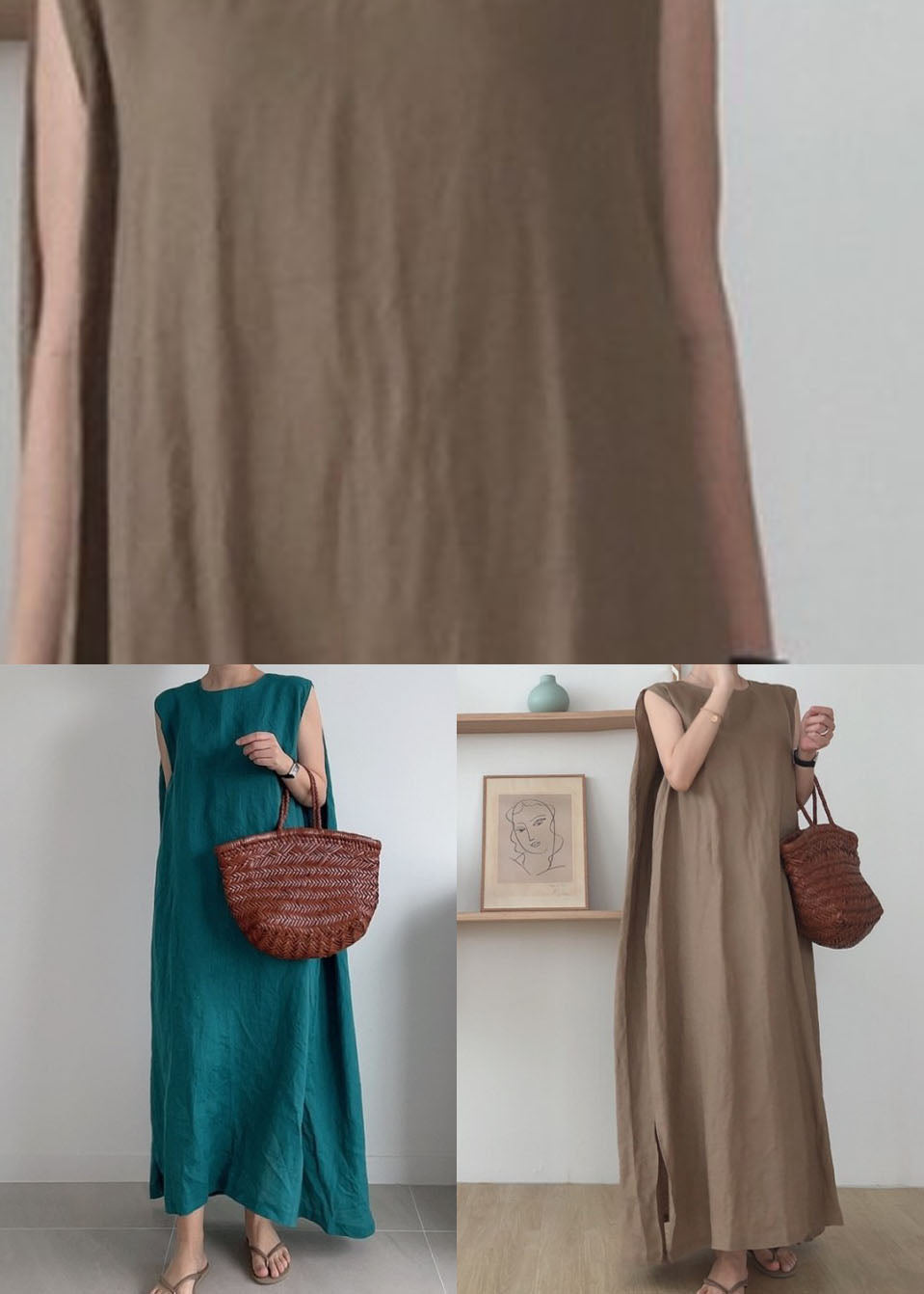 Camel Side Open Cotton Maxi Dresses O Neck Sleeveless LY2141 - fabuloryshop