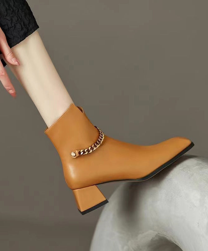 Caramel Boots Classy Splicing Chain Linked Chunky Cowhide Leather Ada Fashion