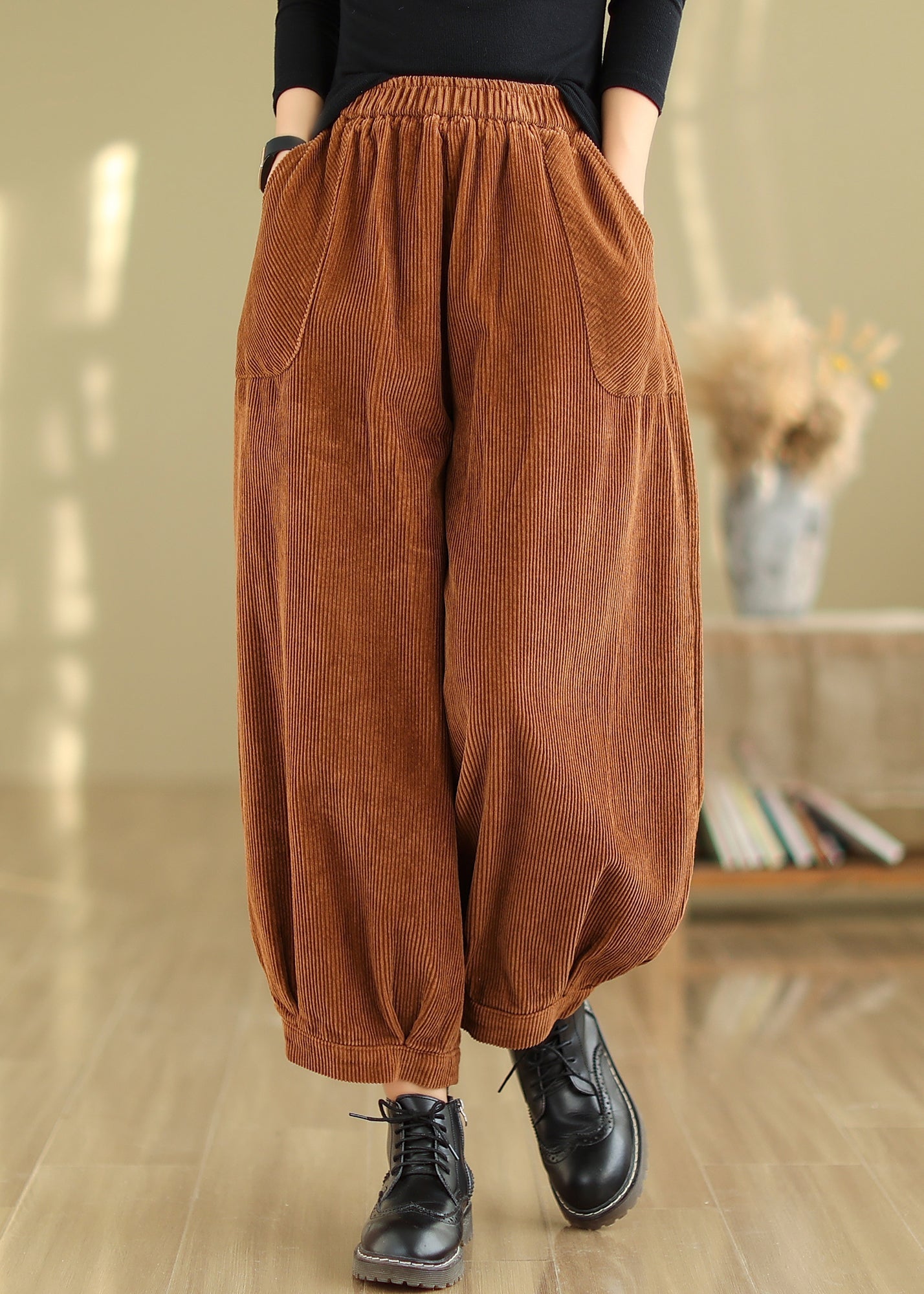 Caramel Pockets Patchwork Corduroy Pants Elastic Waist Fall Ada Fashion