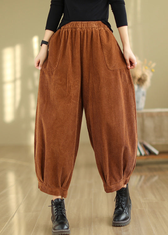 Caramel Pockets Patchwork Corduroy Pants Elastic Waist Fall Ada Fashion
