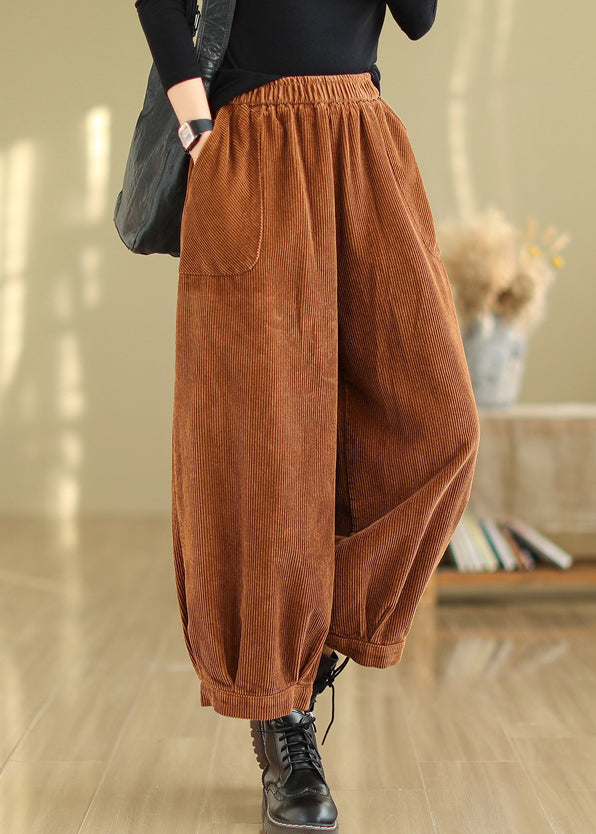 Caramel Pockets Patchwork Corduroy Pants Elastic Waist Fall Ada Fashion