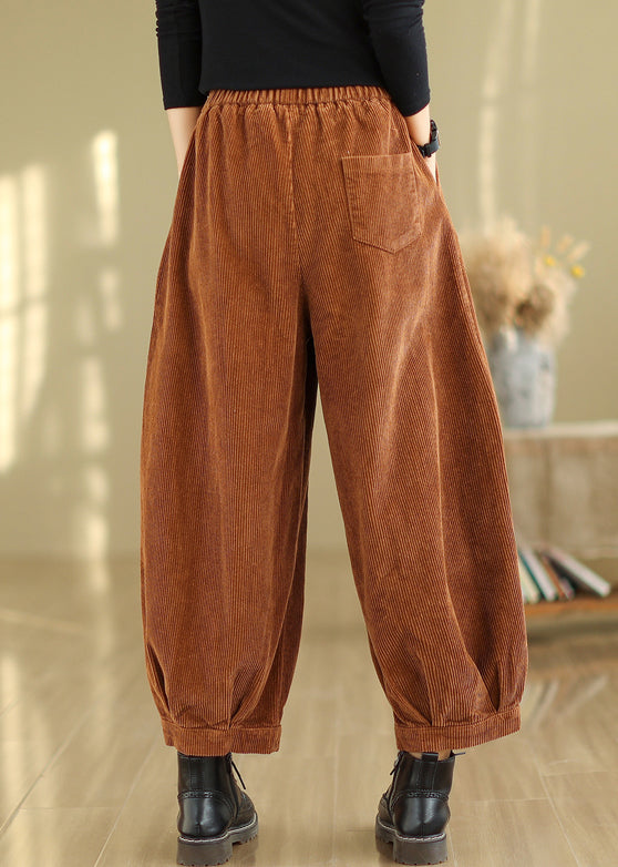Caramel Pockets Patchwork Corduroy Pants Elastic Waist Fall Ada Fashion