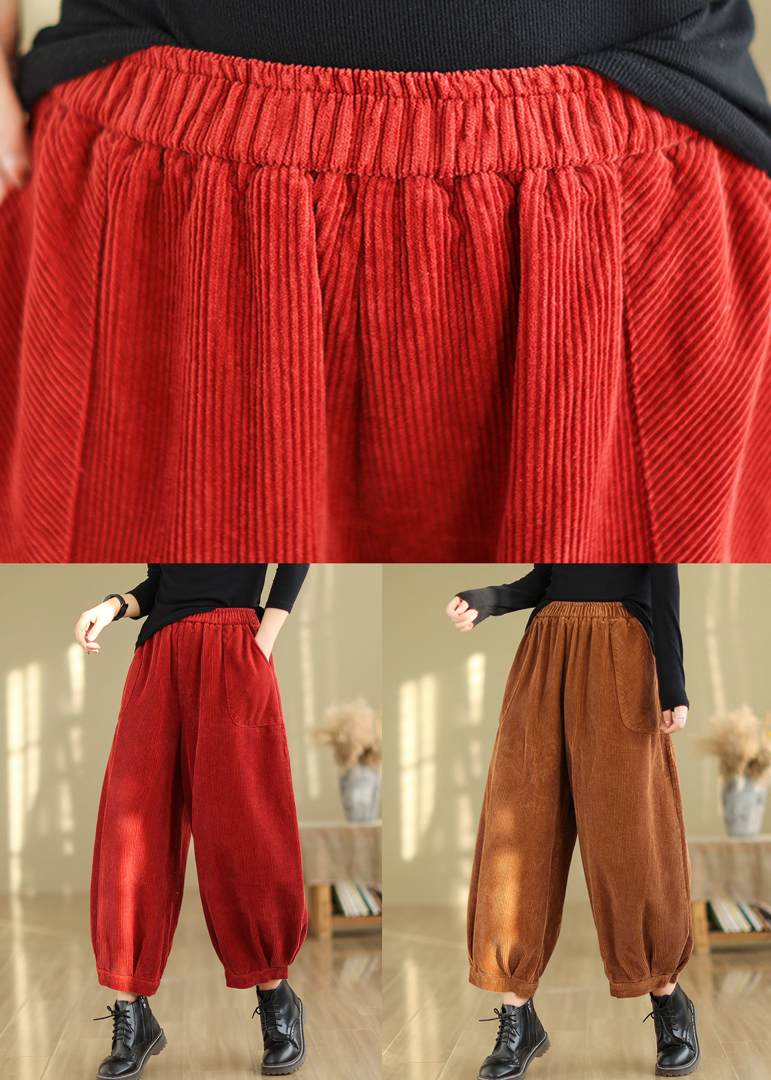 Caramel Pockets Patchwork Corduroy Pants Elastic Waist Fall Ada Fashion
