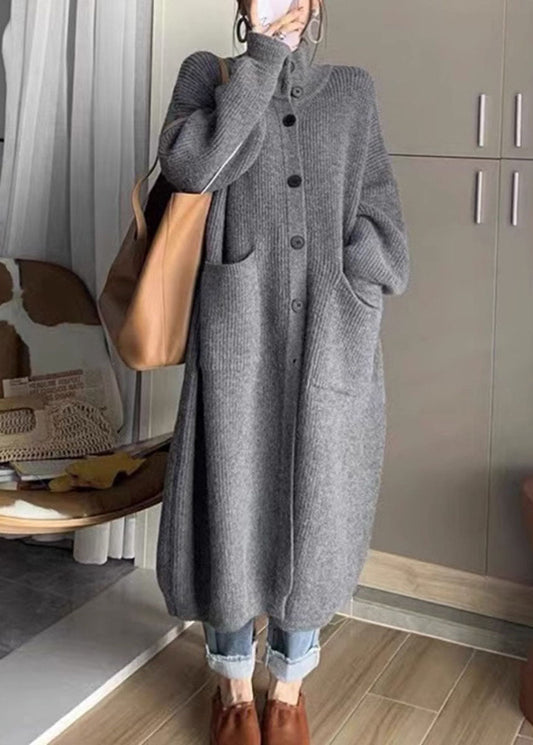 Casua Grey Turtleneck Pockets Button Thick Long Knit Sweater Fall Ada Fashion