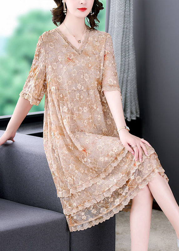 Casual Apricot Embroideried Patchwork Lace A Line Dress Summer LY3722 - fabuloryshop