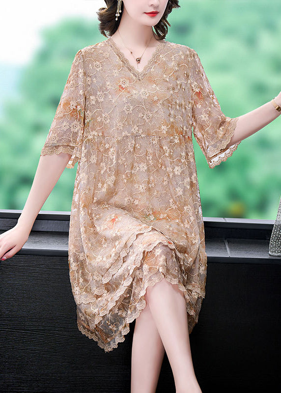 Casual Apricot Embroideried Patchwork Lace A Line Dress Summer LY3722 - fabuloryshop