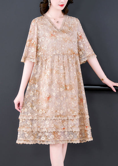 Casual Apricot Embroideried Patchwork Lace A Line Dress Summer LY3722 - fabuloryshop