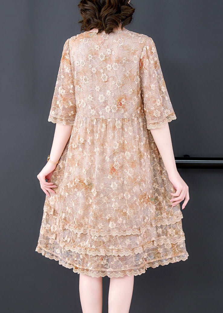 Casual Apricot Embroideried Patchwork Lace A Line Dress Summer LY3722 - fabuloryshop