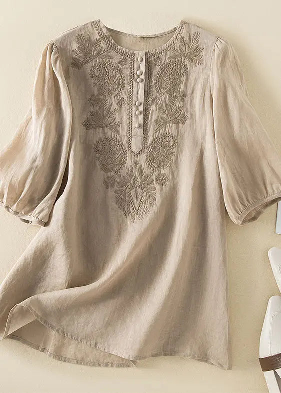 Casual Apricot Embroideried Wrinkled Patchwork Cotton T Shirt Summer Ada Fashion