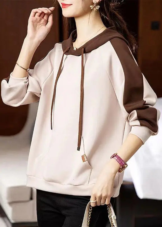 Casual Apricot Hooded Pockets Patchwork Cotton Sweatshirt Fall Ada Fashion