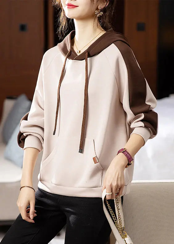 Casual Apricot Hooded Pockets Patchwork Cotton Sweatshirt Fall Ada Fashion