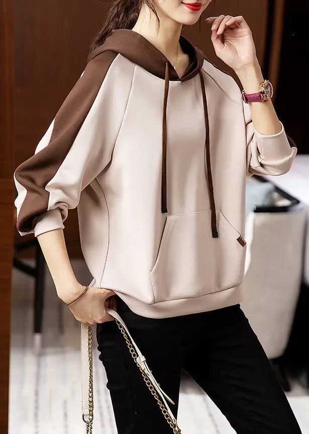 Casual Apricot Hooded Pockets Patchwork Cotton Sweatshirt Fall Ada Fashion