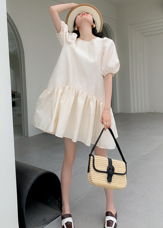 Casual Apricot O Neck Patchwork Wrinkled Cotton Mid Dress Puff Sleeve Ada Fashion