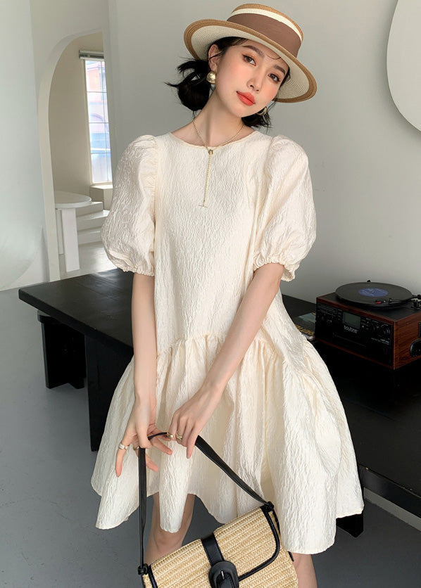 Casual Apricot O Neck Patchwork Wrinkled Cotton Mid Dress Puff Sleeve Ada Fashion