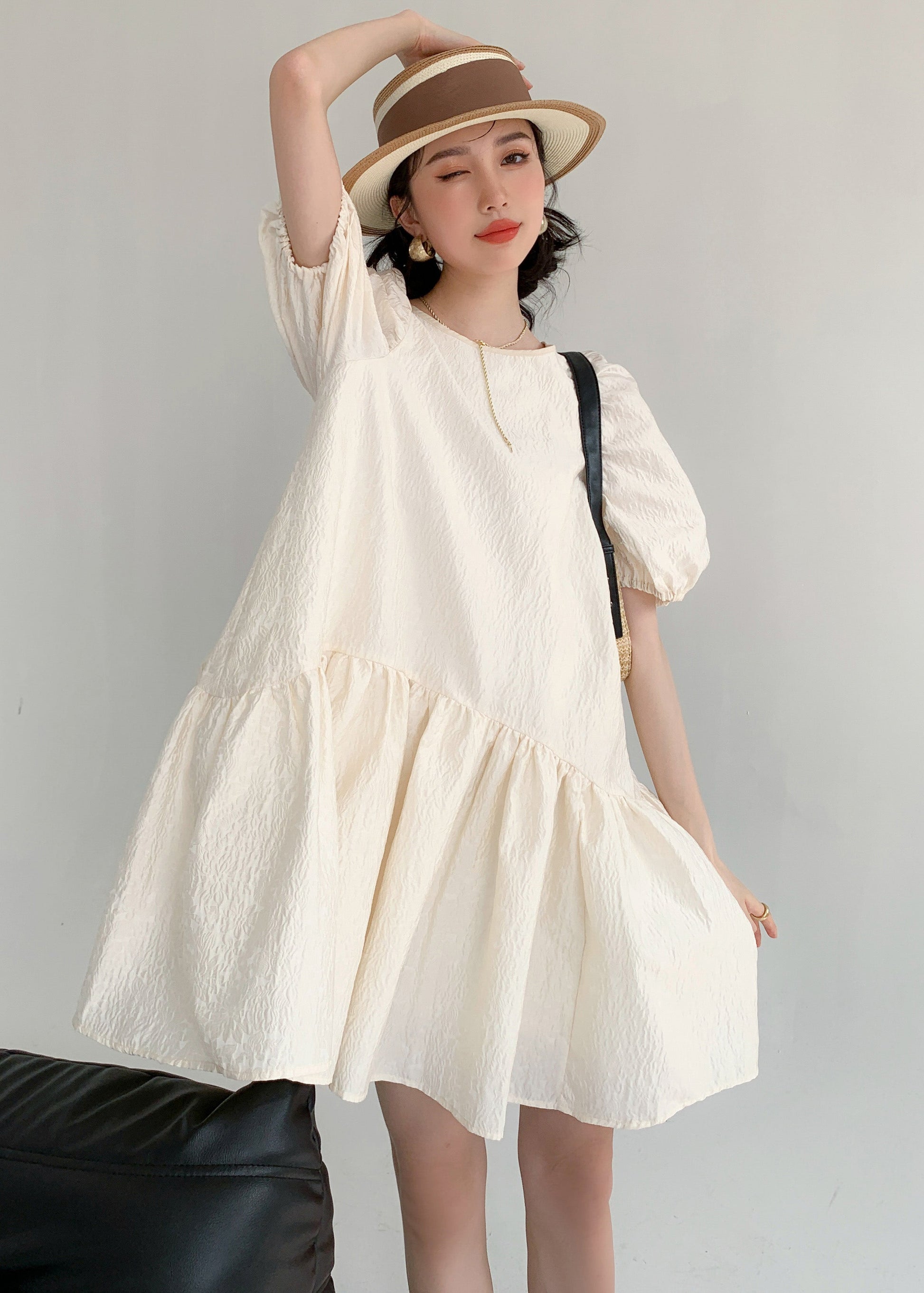 Casual Apricot O Neck Patchwork Wrinkled Cotton Mid Dress Puff Sleeve Ada Fashion