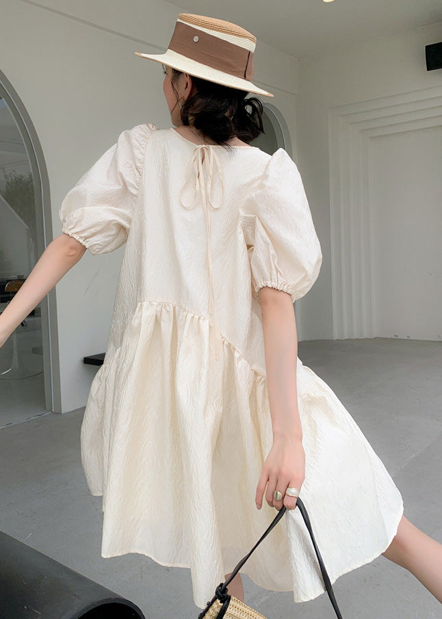 Casual Apricot O Neck Patchwork Wrinkled Cotton Mid Dress Puff Sleeve Ada Fashion