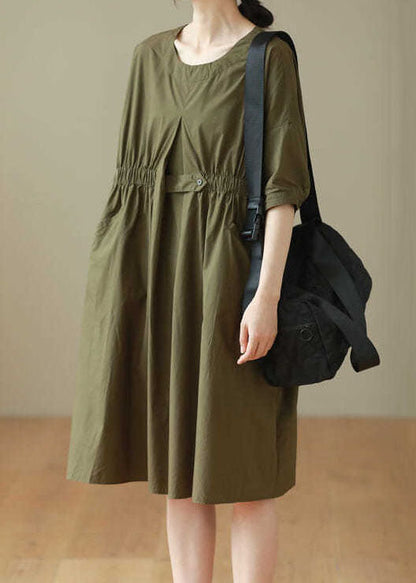 Casual Army Green O Neck Patchwork Cotton Mid Dresses Summer LY3922 - fabuloryshop