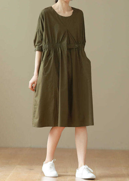 Casual Army Green O Neck Patchwork Cotton Mid Dresses Summer LY3922 - fabuloryshop