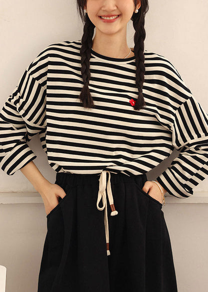 Casual Beige Black Striped O-Neck Cozy Cotton T Shirts Spring TI1020 - fabuloryshop