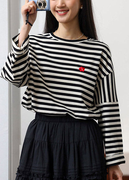 Casual Beige Black Striped O-Neck Cozy Cotton T Shirts Spring TI1020 - fabuloryshop