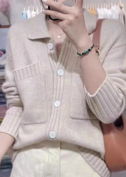 Casual Beige Peter Pan Collar Button Thick Cashmere Knit Sweater Fall Ada Fashion