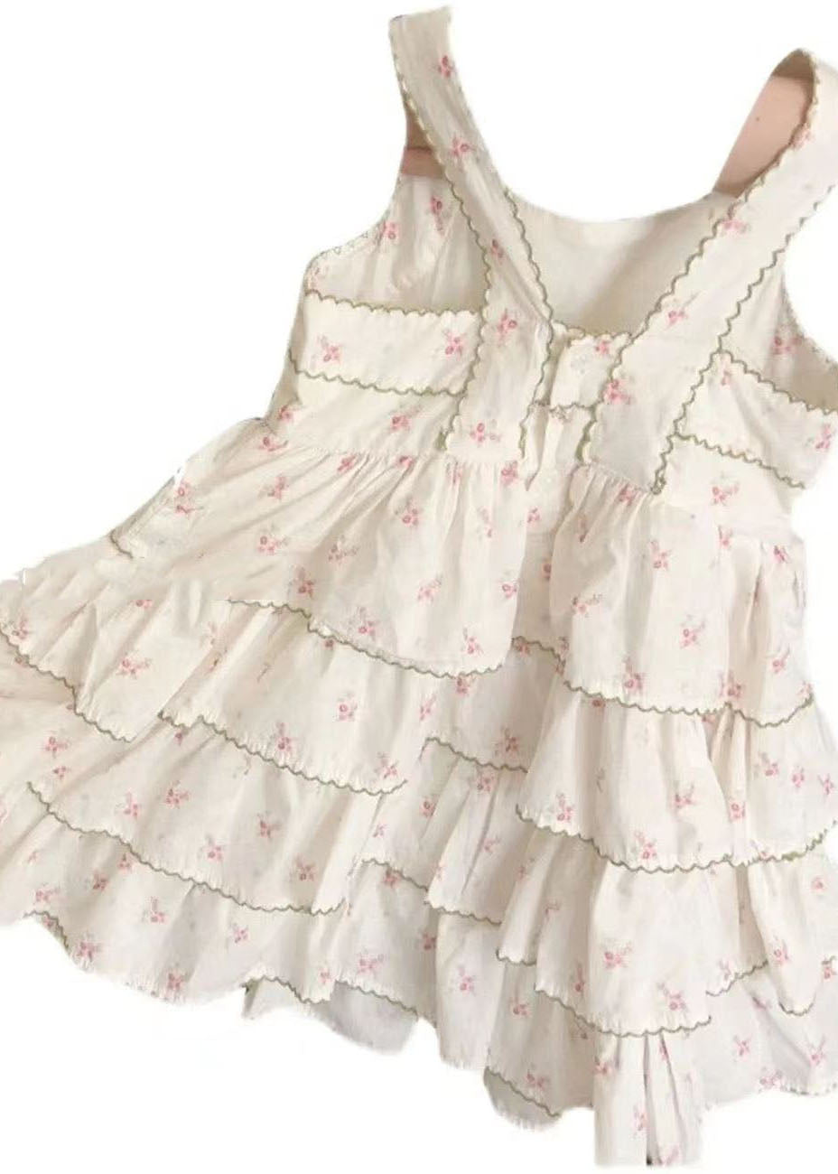 Casual Beige Print Wrinkled Patchwork Cotton Kids Girls Dress Summer LY5526 - fabuloryshop