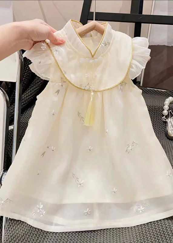 Casual Beige Stand Collar Embroideried Tassel Patchwork Tulle Long Dresses Summer LY5439 - fabuloryshop