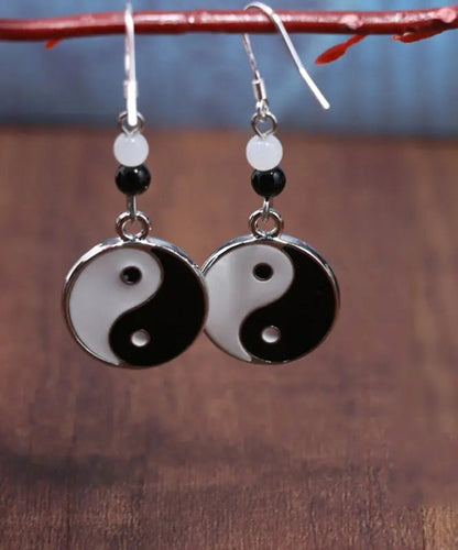 Casual Black And White Sterling Silver Jade Tai Chi Circular Drop Earrings Ada Fashion