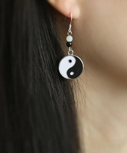 Casual Black And White Sterling Silver Jade Tai Chi Circular Drop Earrings Ada Fashion