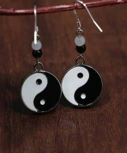 Casual Black And White Sterling Silver Jade Tai Chi Circular Drop Earrings Ada Fashion