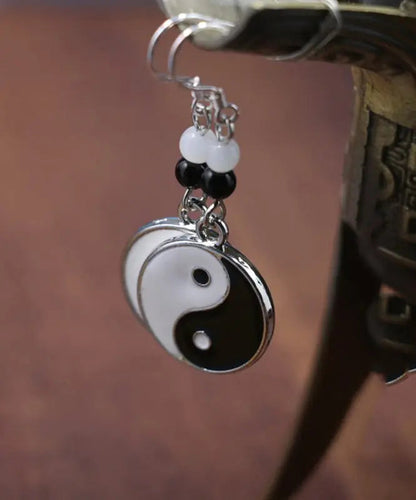 Casual Black And White Sterling Silver Jade Tai Chi Circular Drop Earrings Ada Fashion