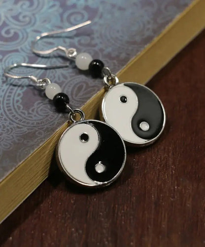 Casual Black And White Sterling Silver Jade Tai Chi Circular Drop Earrings Ada Fashion