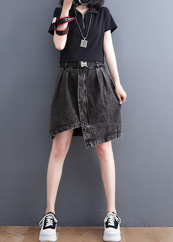 Casual Black Asymmetrical Design Pockets Denim Short Skirt Summer LY2386 - fabuloryshop