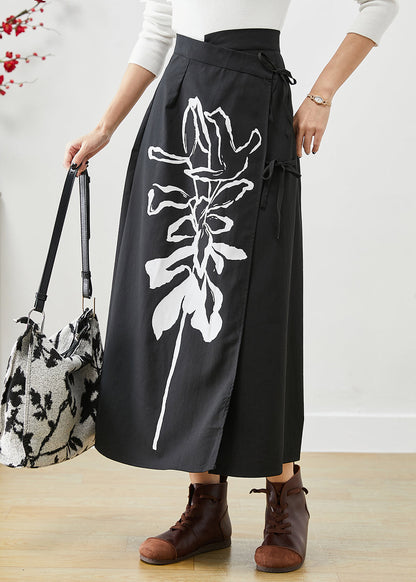 Casual Black Asymmetrical Lace Up Print Cotton Skirts Fall Ada Fashion