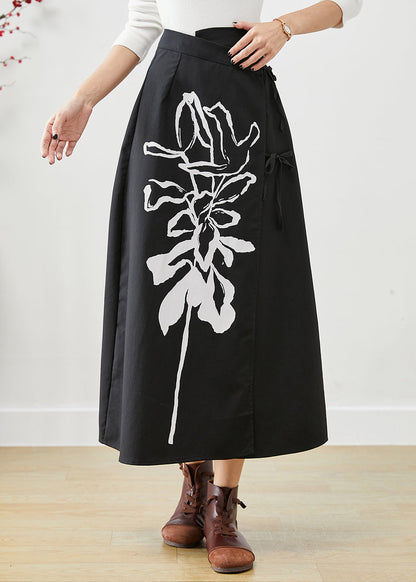 Casual Black Asymmetrical Lace Up Print Cotton Skirts Fall Ada Fashion