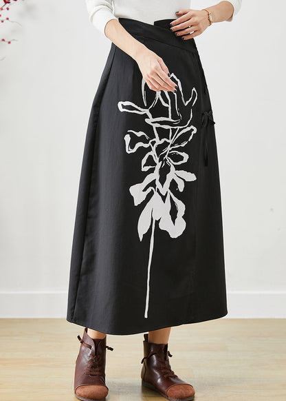 Casual Black Asymmetrical Lace Up Print Cotton Skirts Fall Ada Fashion