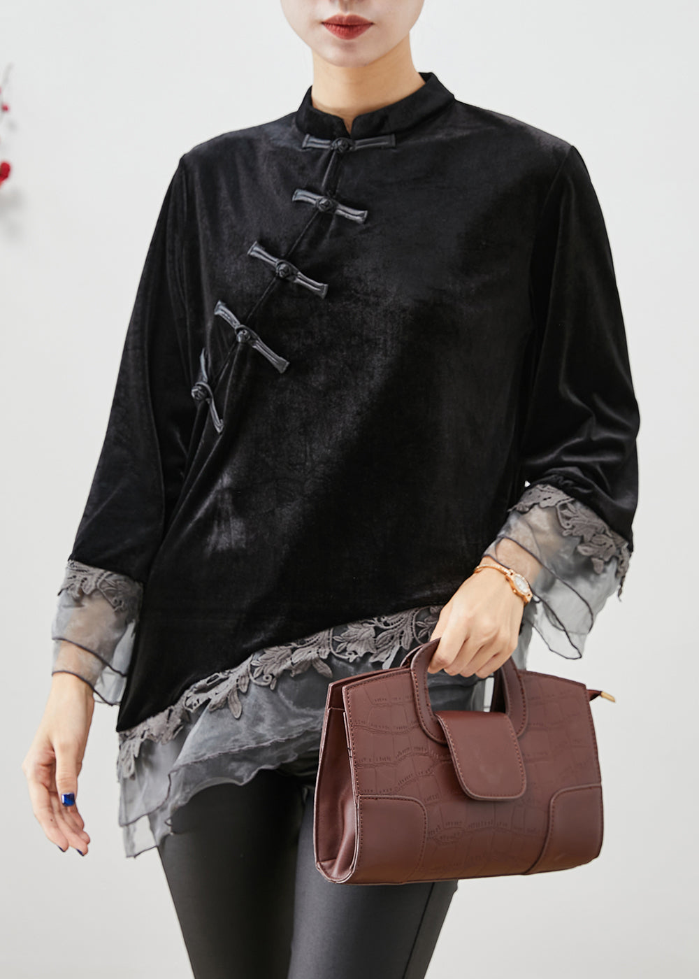 Casual Black Asymmetrical Organza Patchwork Chinese Button Silk Velour Shirt Top Fall Ada Fashion