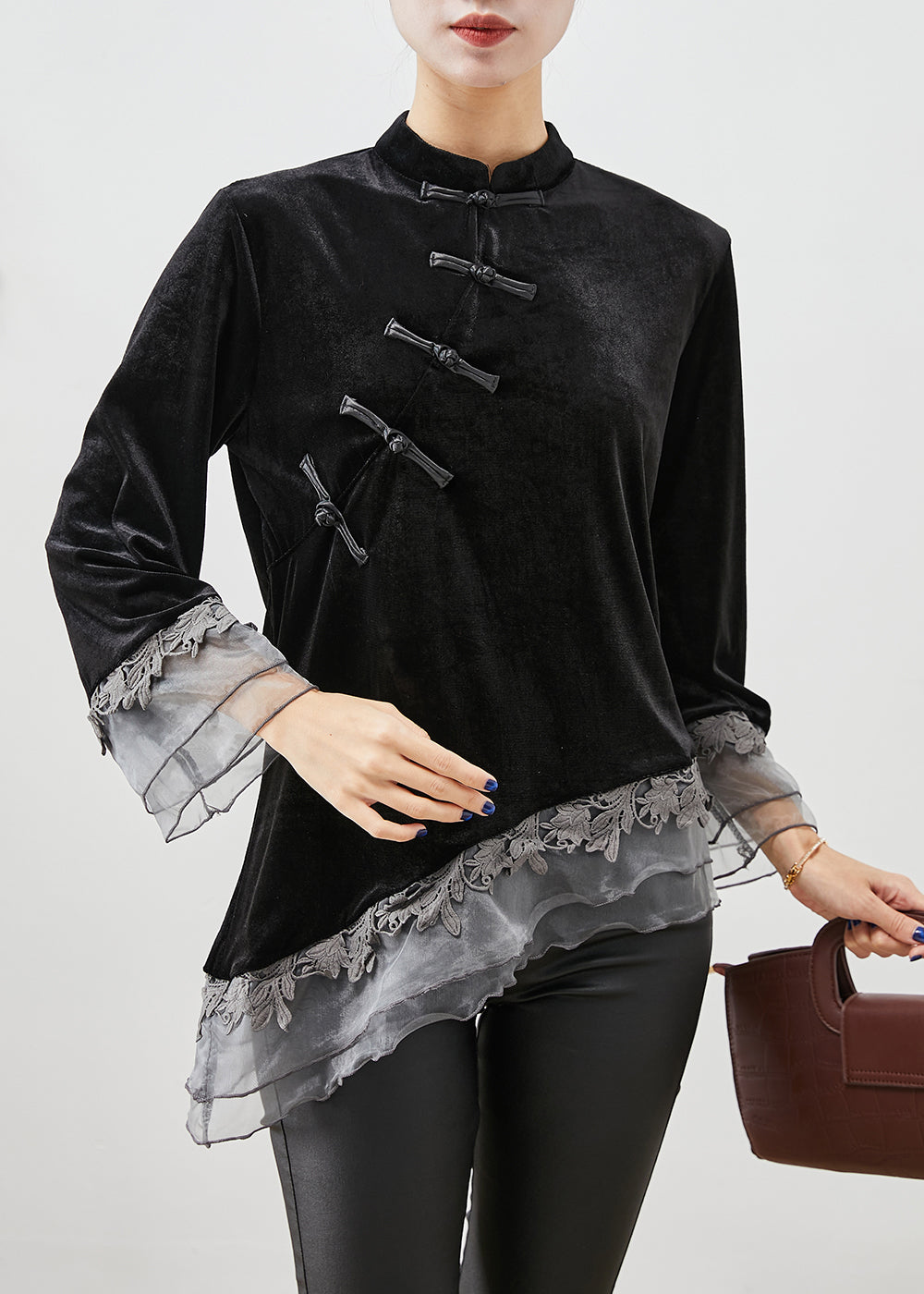 Casual Black Asymmetrical Organza Patchwork Chinese Button Silk Velour Shirt Top Fall Ada Fashion