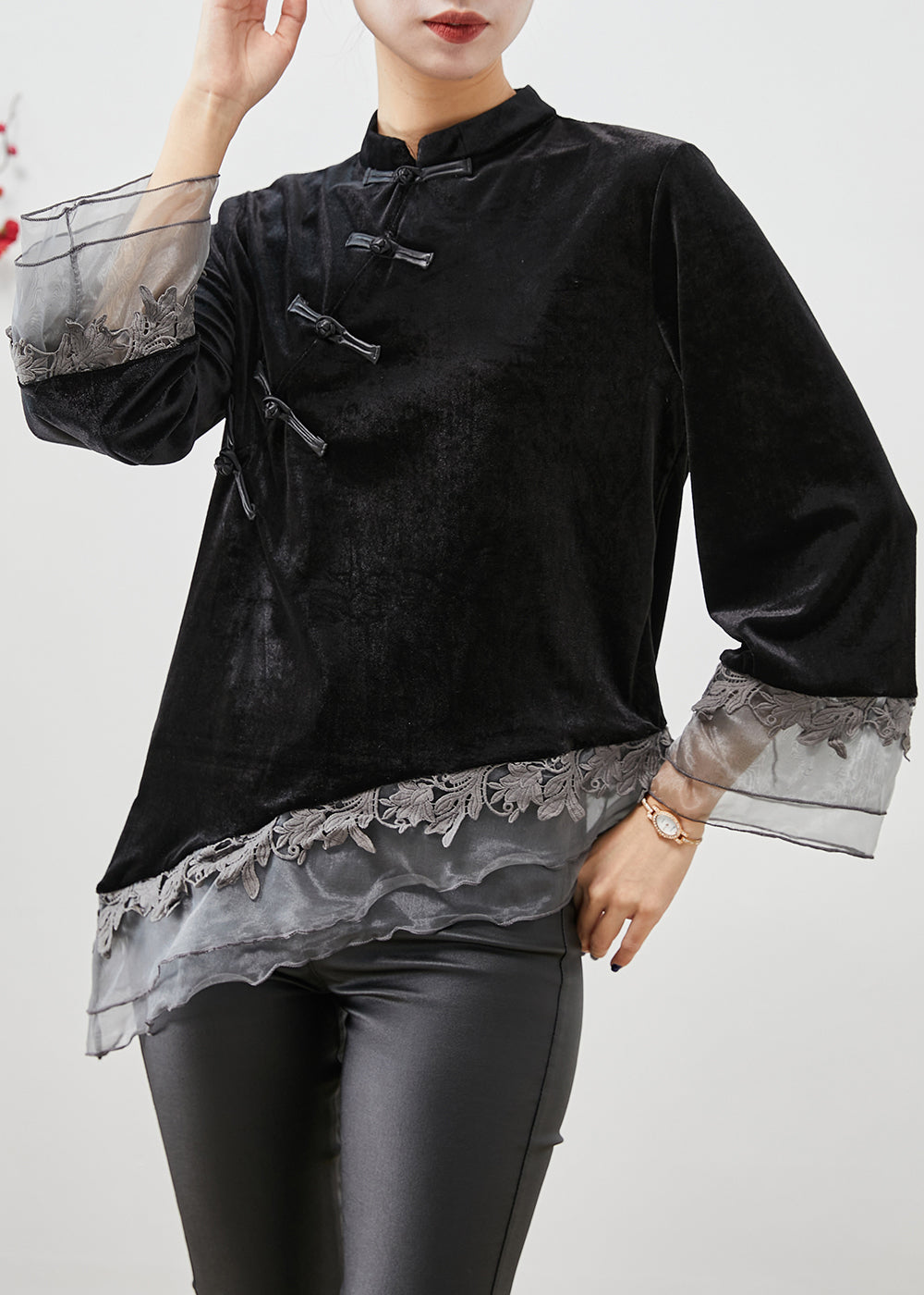 Casual Black Asymmetrical Organza Patchwork Chinese Button Silk Velour Shirt Top Fall Ada Fashion