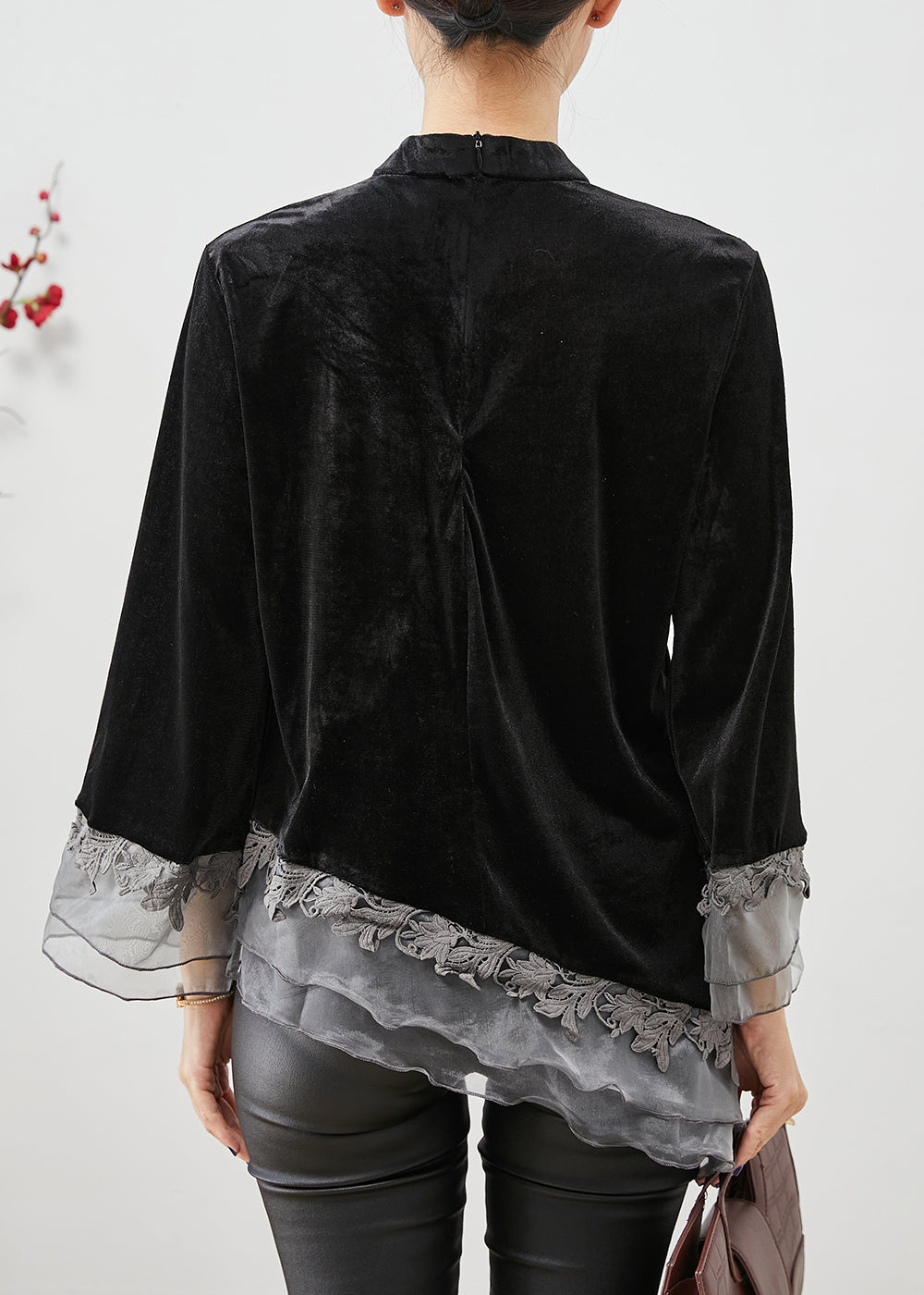 Casual Black Asymmetrical Organza Patchwork Chinese Button Silk Velour Shirt Top Fall Ada Fashion